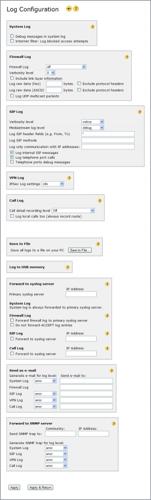 Log Configuration page in rel 5.30