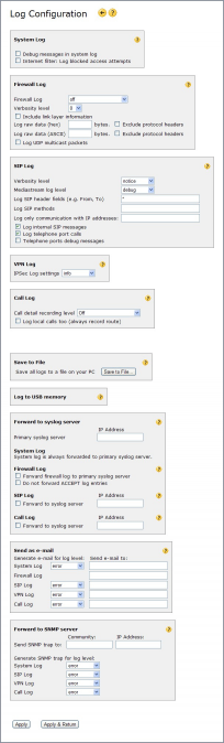 Log Configuration page in rel 5.30